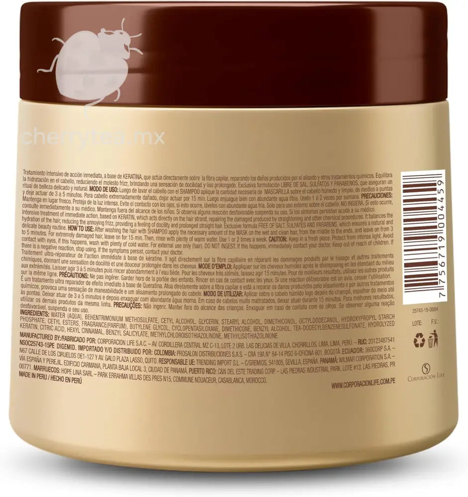 Be Natural Liso Keratina Mascarilla Capilar Control Frizz y Brillo 350g